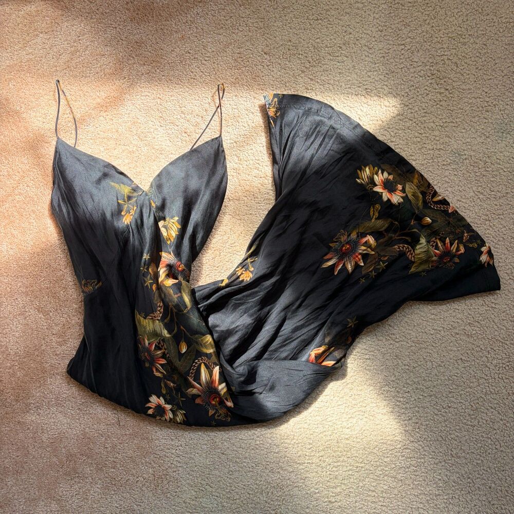 All Saints black silk floral slip dress botanical print
